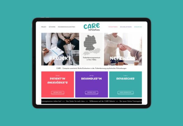Tablet mit der Ansicht der Startseite für das Webdesign von CARE. Daniel Schilke Visuelle Kommunikation ist ein Büro für Webdesign und Grafikdesign aus Minden in Ostwestfalen.