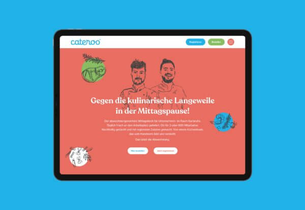 Tablet mit der Ansicht der Startseite für das Webdesign von Cateroo. Daniel Schilke Visuelle Kommunikation ist ein Büro für Webdesign und Grafikdesign aus Minden in Ostwestfalen.